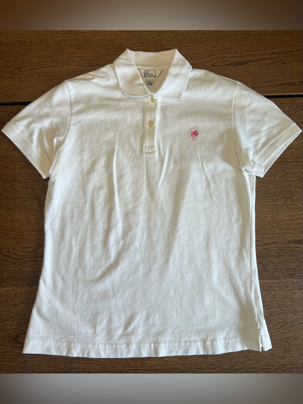 Lilly Pulitzer White Polo Shirt Women’s Medium Pink Palm Tree Cotton Stretch